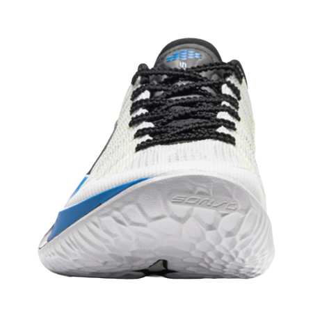 Li-Ning basketball shoe front view: white upper with black laces, blue heel accents, textured sole