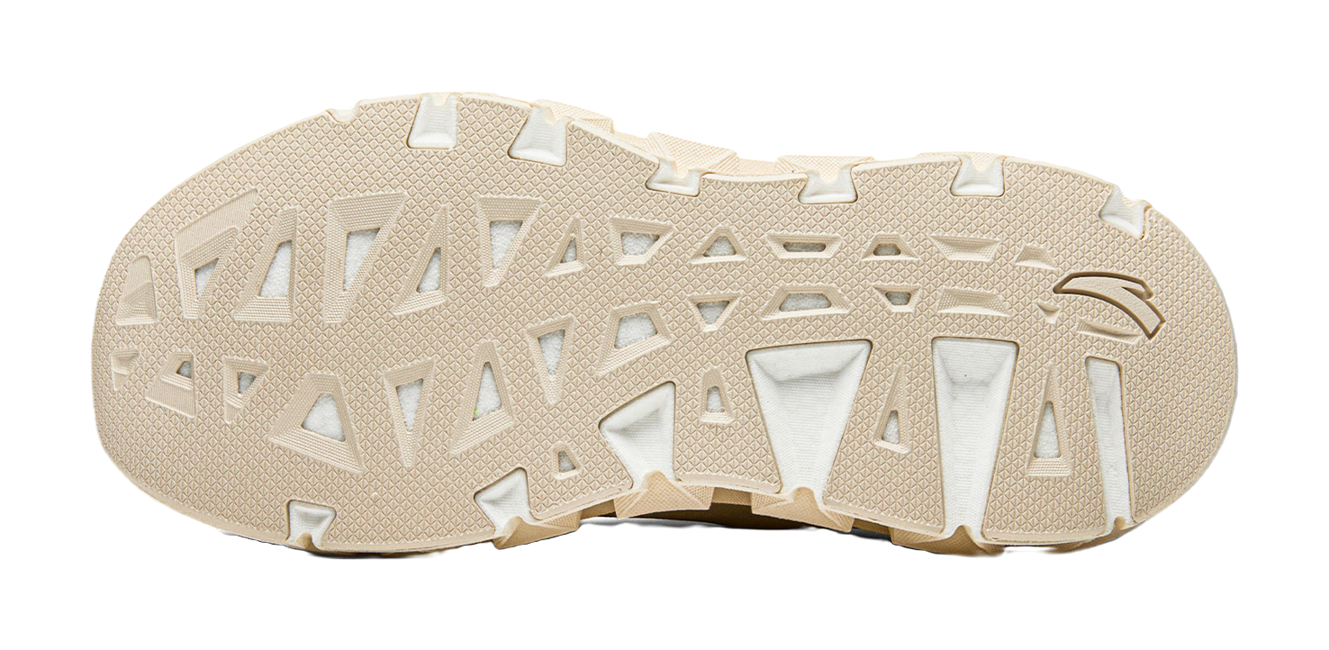 Women’s Anta running shoe outsole, textured traction tread with raised lugs.