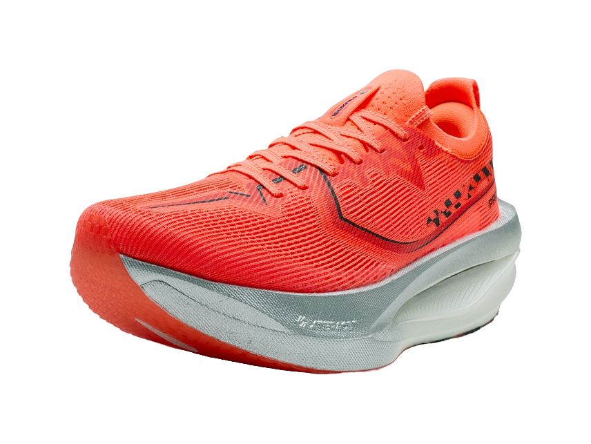 Women’s marathon racing shoe, orange upper with dark logo lines and foam sole.