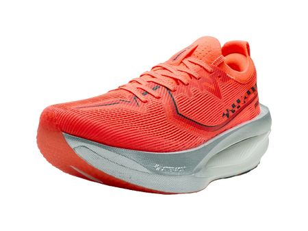 Women’s marathon racing shoe, orange upper with dark logo lines and foam sole.