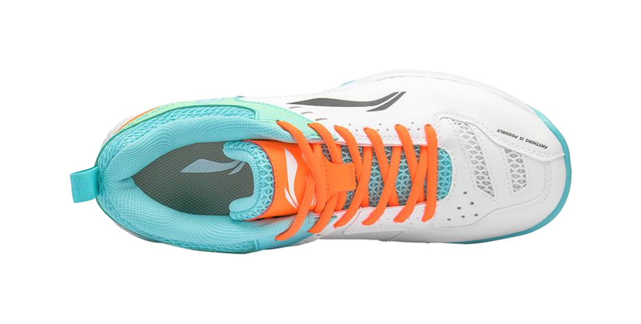 Unisex badminton shoe, top view with orange laces and teal cushioned collar.