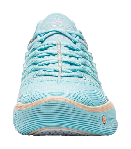 Light blue lace-up low basketball shoe toe view with breathable textured upper