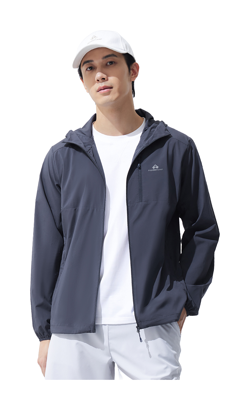 Men's hooded sun jacket, dark navy, full-zip with standing collar and hood