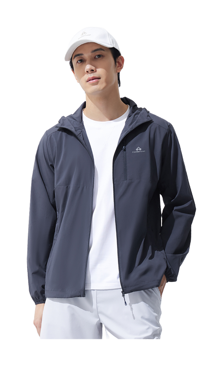 Men's hooded sun jacket, dark navy, full-zip with standing collar and hood