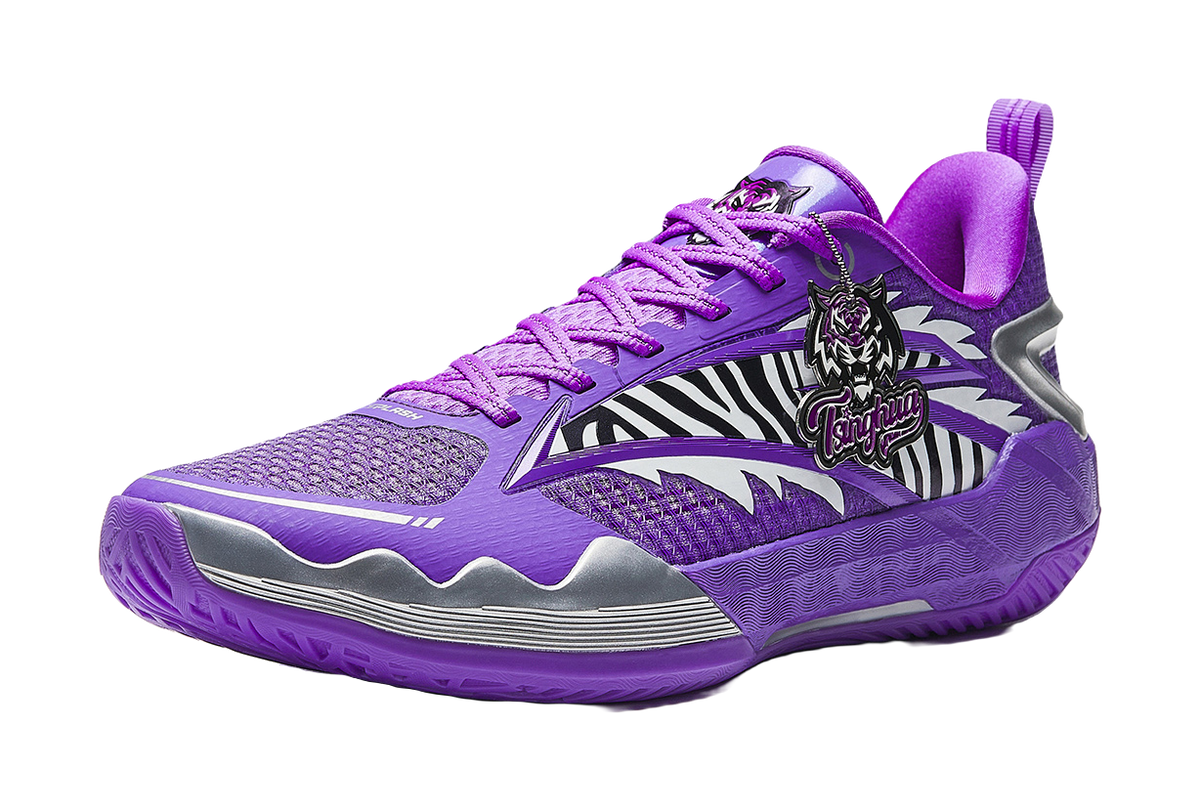 Purple lace-up basketball shoe with zebra stripe side panel and padded heel collar.