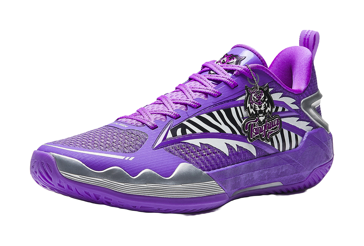 Purple lace-up basketball shoe with zebra stripe side panel and padded heel collar.