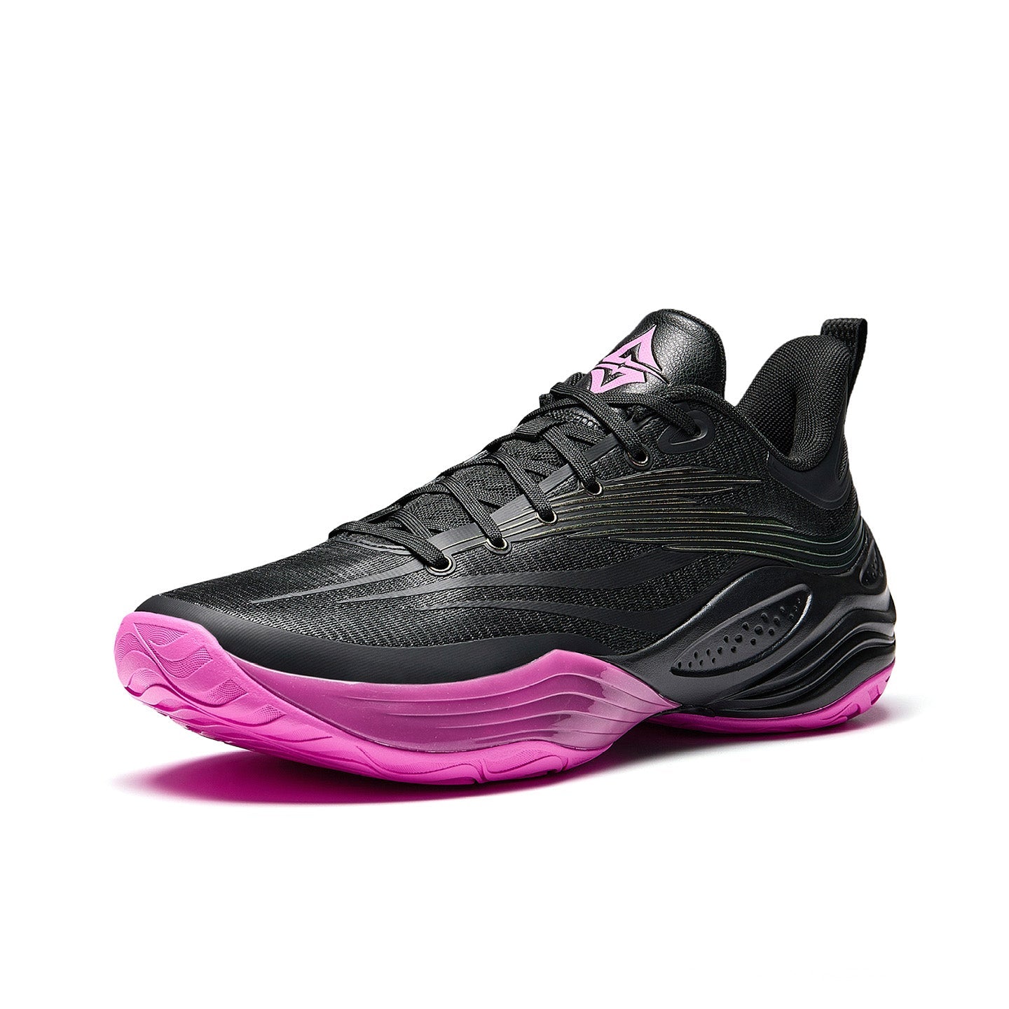 Basketball shoe with black upper and purple-pink outsole, lace-up with side stripe