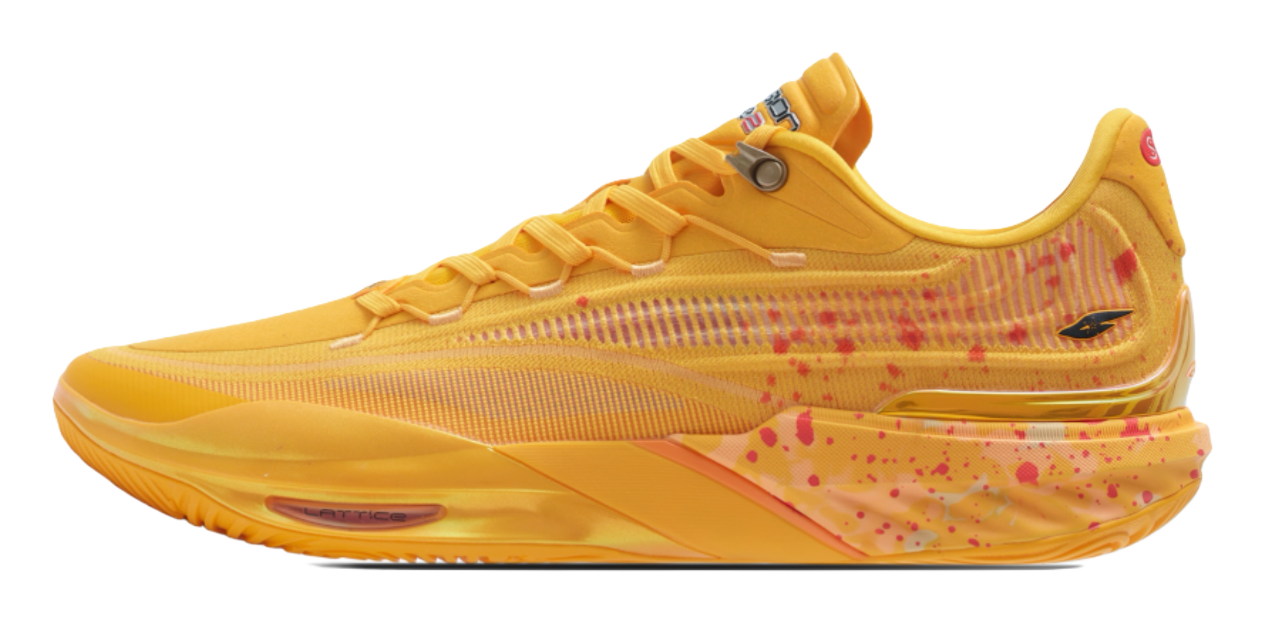 Unisex low-top basketball sneaker in bright yellow with speckled side graphics