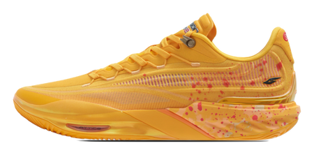 Unisex low-top basketball sneaker in bright yellow with speckled side graphics