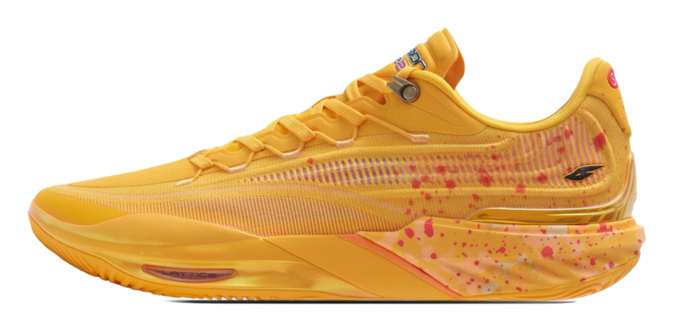 Unisex low-top basketball sneaker in bright yellow with speckled side graphics