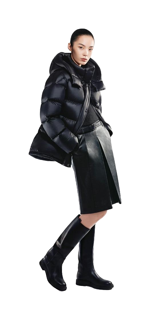 Black hooded puffer winter down jacket with quilted shoulder and button-front placket