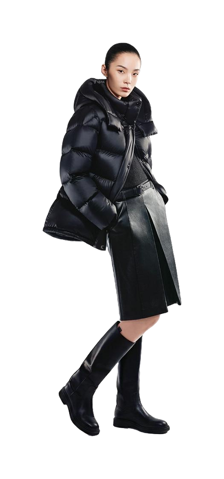 Black hooded puffer winter down jacket with quilted shoulder and button-front placket