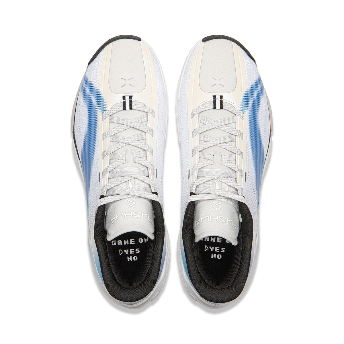Pair of white basketball shoes with blue side stripes and black interior lining