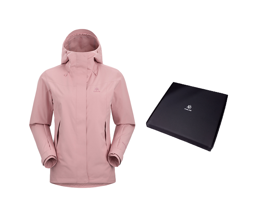 Women's pale pink windbreaker jacket with adjustable hood, zip front, and side pockets.