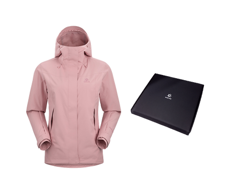 Women's pale pink windbreaker jacket with adjustable hood, zip front, and side pockets.