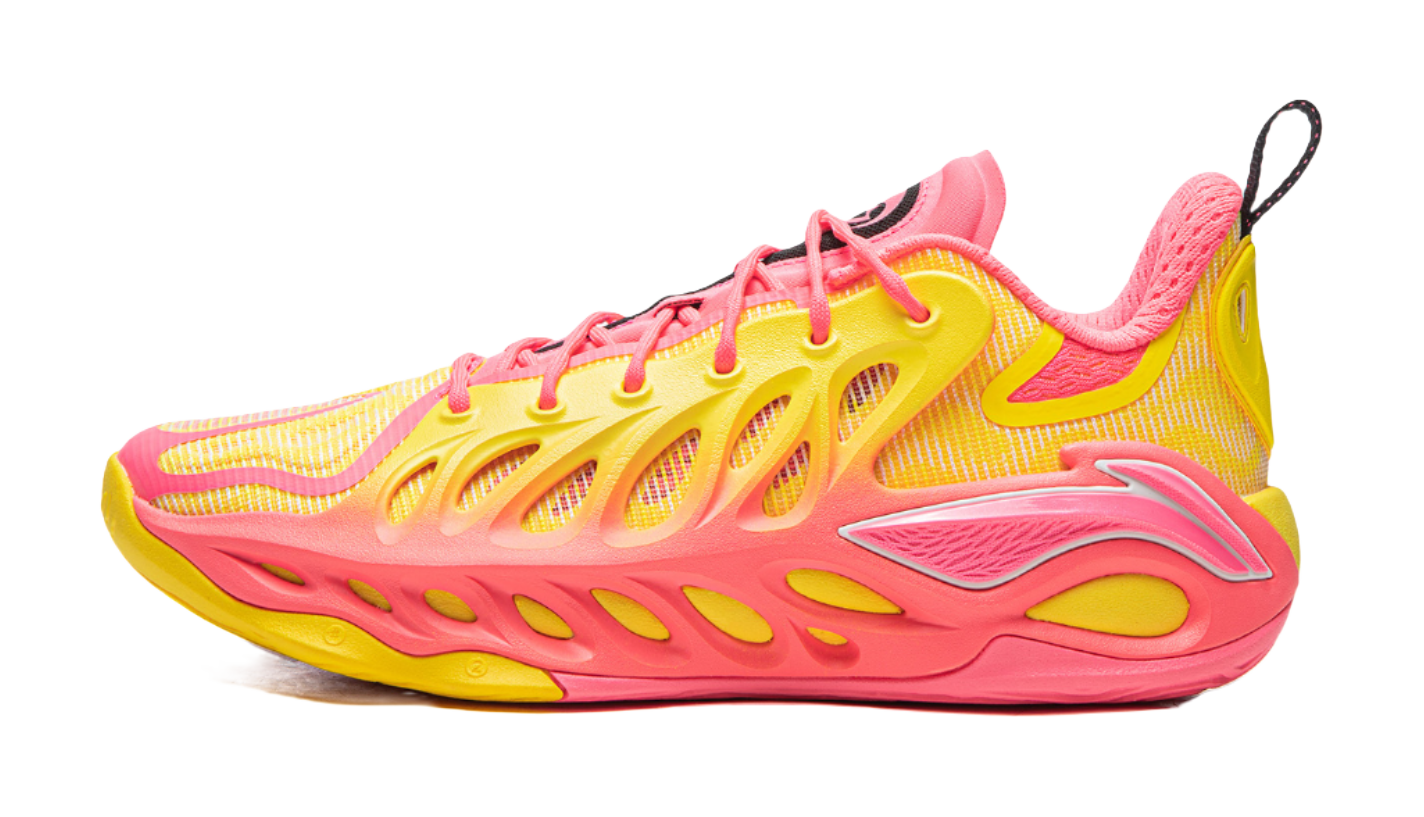 Unisex basketball shoe, yellow and pink lace-up upper, textured outsole