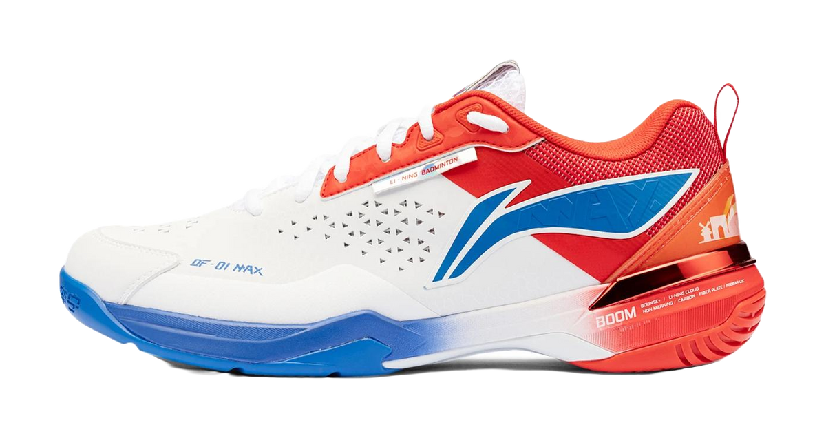 White, red, and blue unisex badminton shoe with lace-up and DF-01 MAX logo
