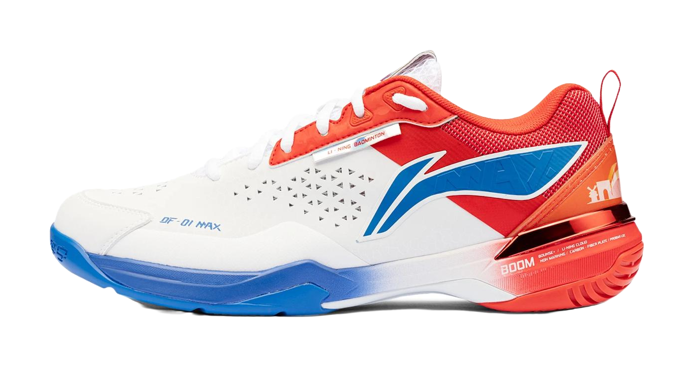 White, red, and blue unisex badminton shoe with lace-up and DF-01 MAX logo