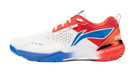 White, red, and blue unisex badminton shoe with lace-up and DF-01 MAX logo