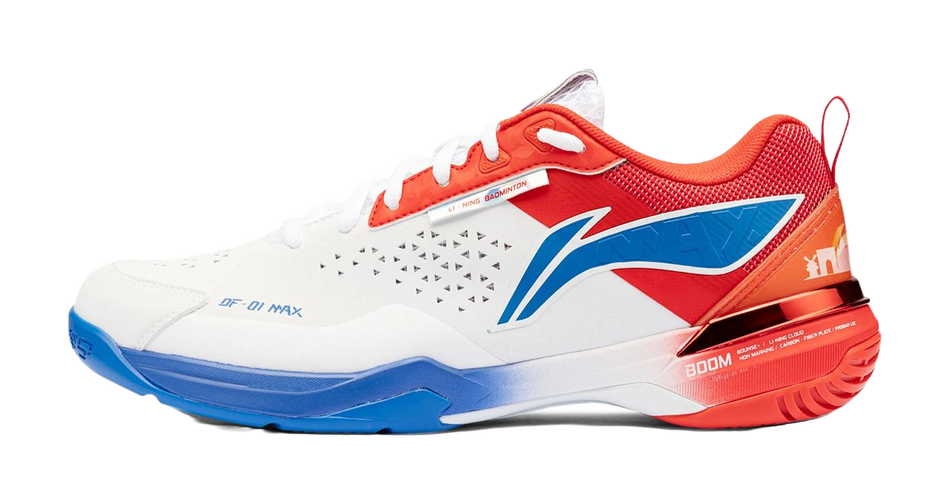 White, red, and blue unisex badminton shoe with lace-up and DF-01 MAX logo
