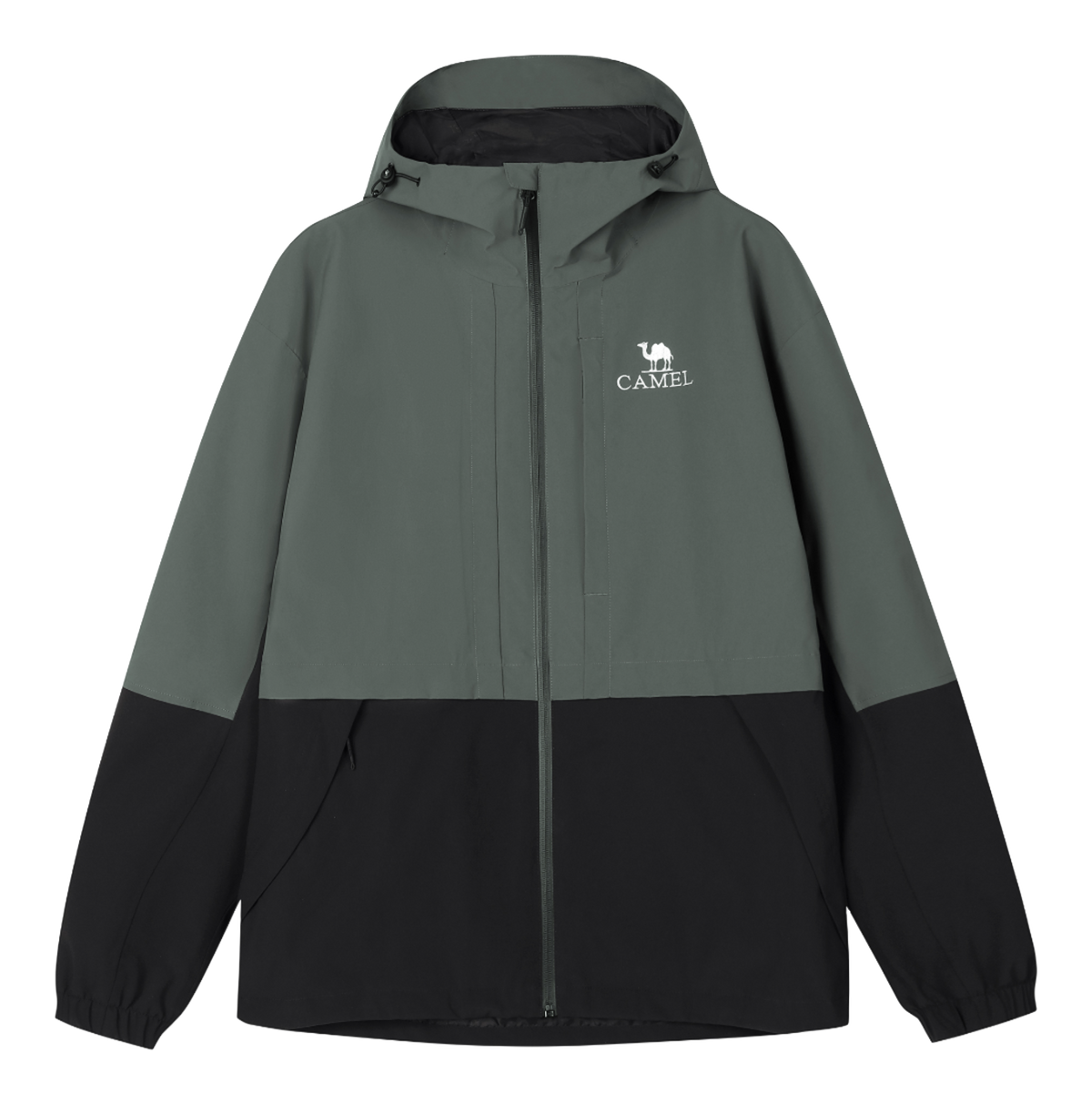 Men's green and black colorblock windbreaker jacket with hood and full-zip front