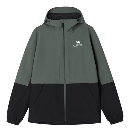 Men's green and black colorblock windbreaker jacket with hood and full-zip front