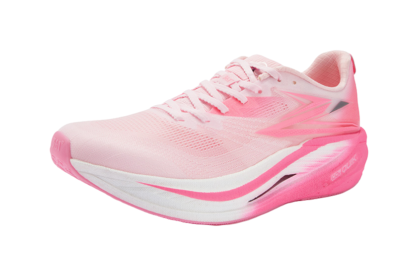 Pink lace-up running shoe with white sole and mesh upper, angled side view