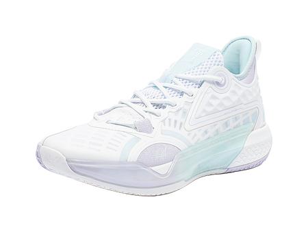 Unisex basketball shoe, white upper with light blue collar and geometric side panels.