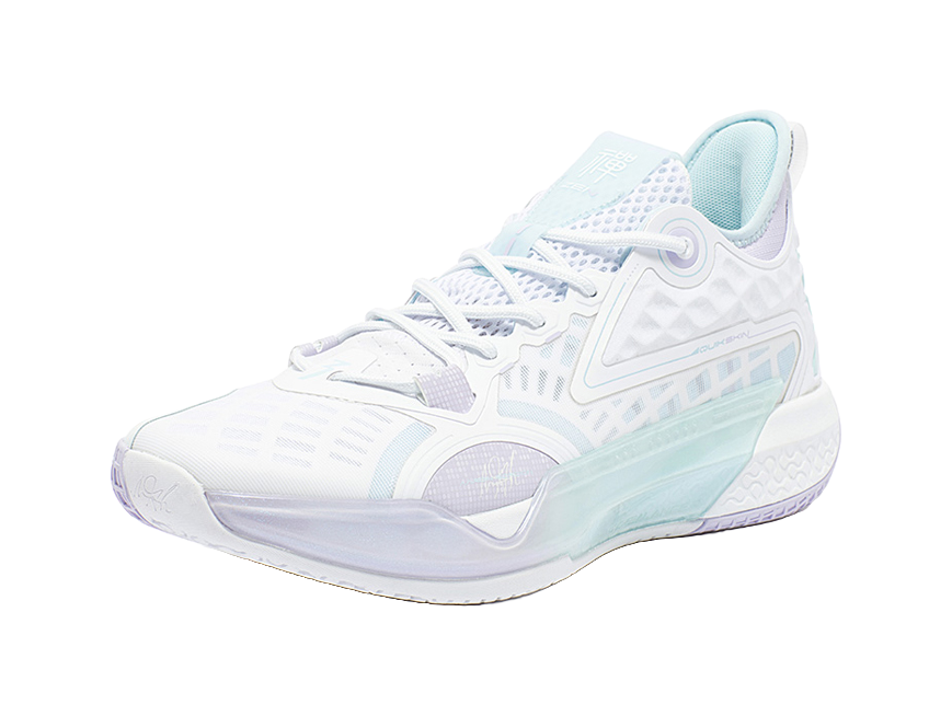 Unisex basketball shoe, white upper with light blue collar and geometric side panels.