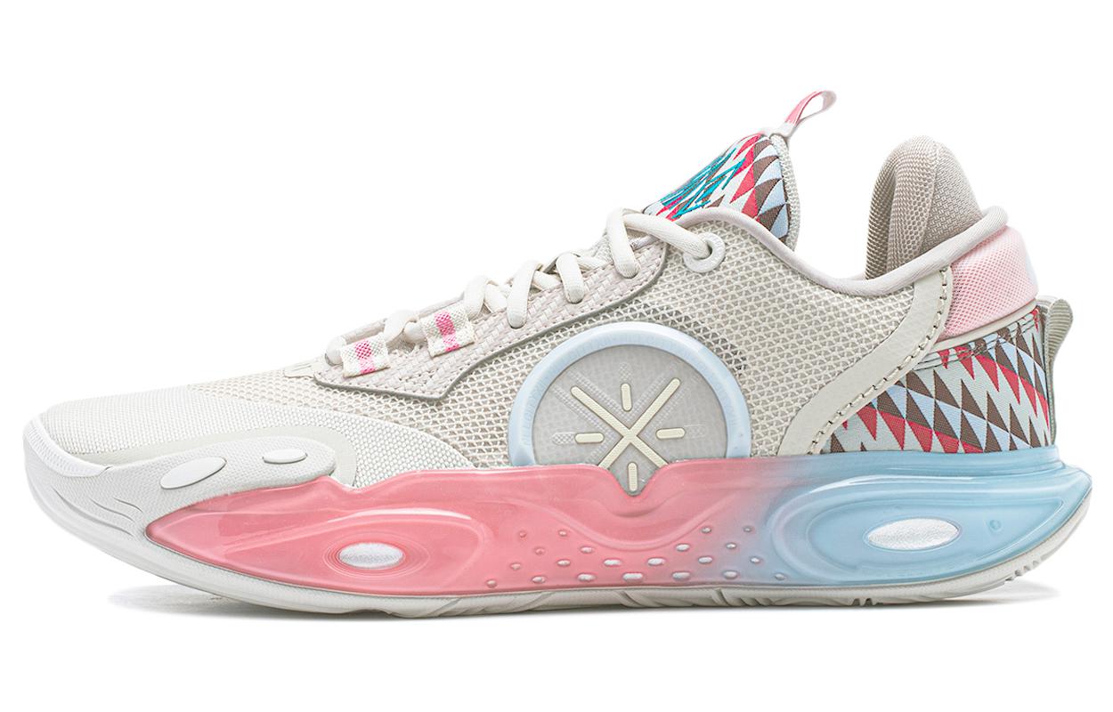 Beige basketball shoes with mesh upper, geometric heel stripe, and pink-blue midsole.