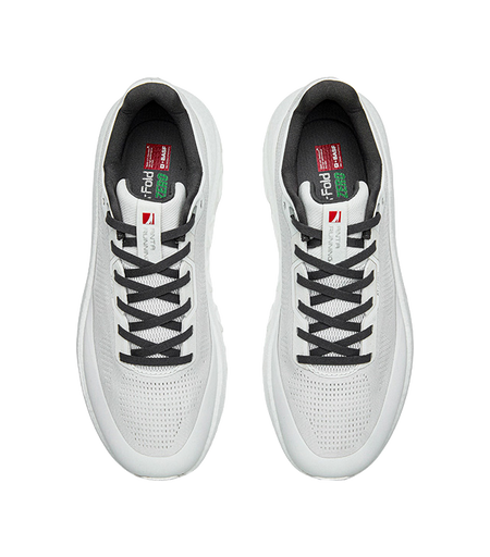 Mens low-top running shoes pair, white mesh uppers with dark lining and laces