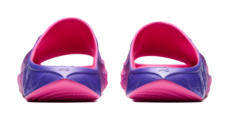Unisex slide sandal heel view with purple back panel and pink open-heel lining
