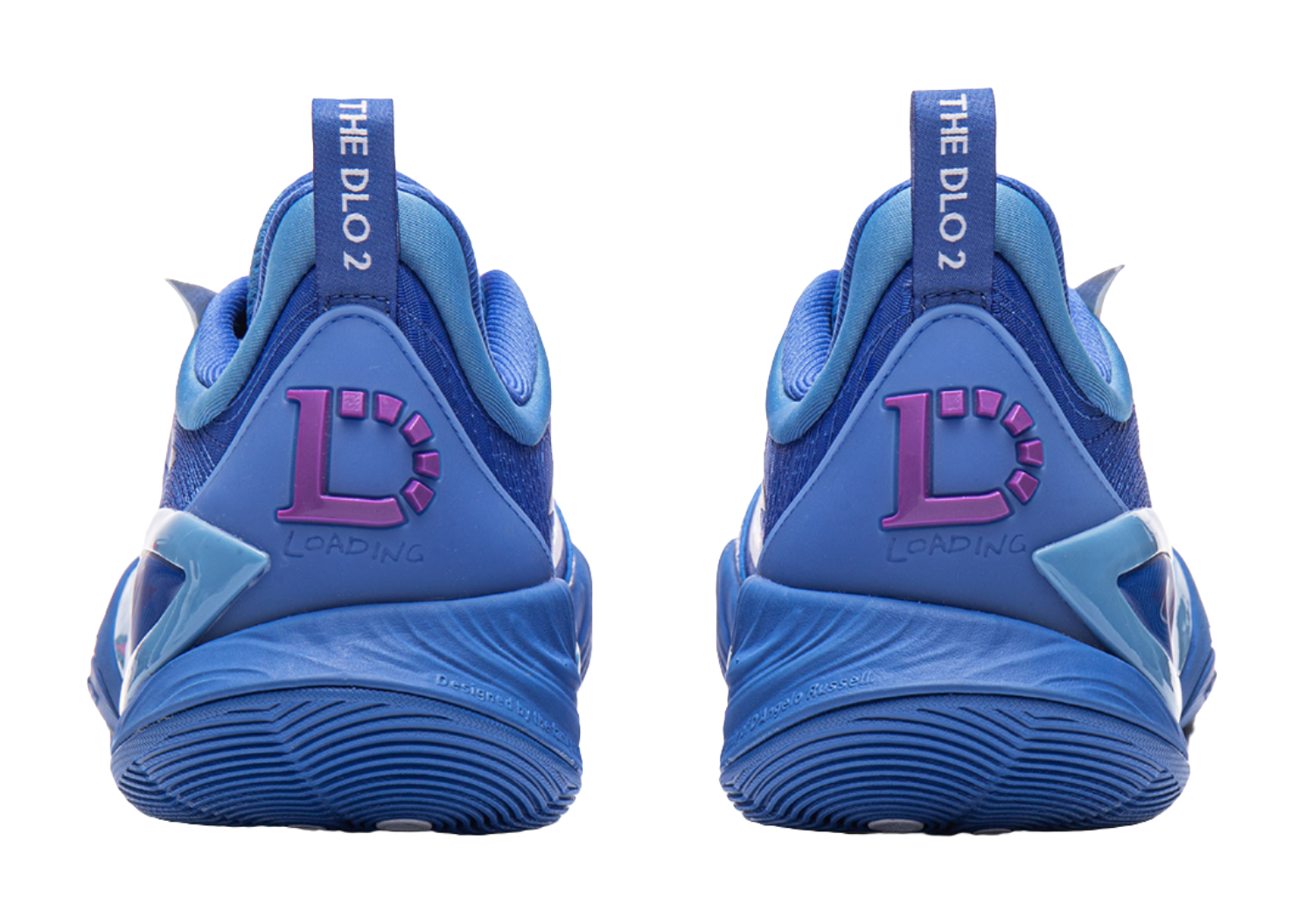 Blue basketball shoe heels with purple accent logo and cushioned back tab