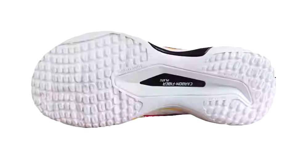 White badminton shoe outsole with textured tread and cushioned midsole