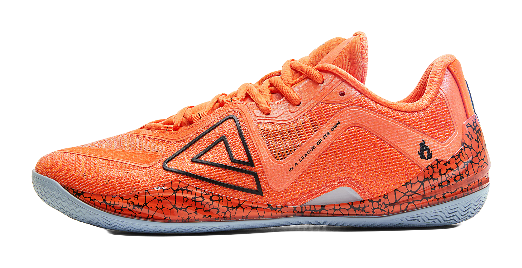 Orange basketball shoe with black logo and lava-style patterned side panels