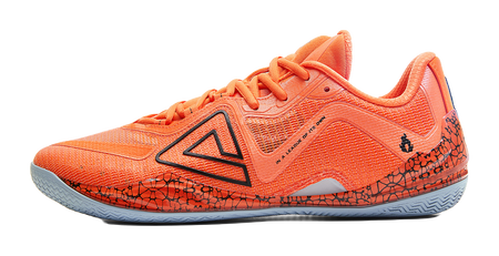 Orange basketball shoe with black logo and lava-style patterned side panels