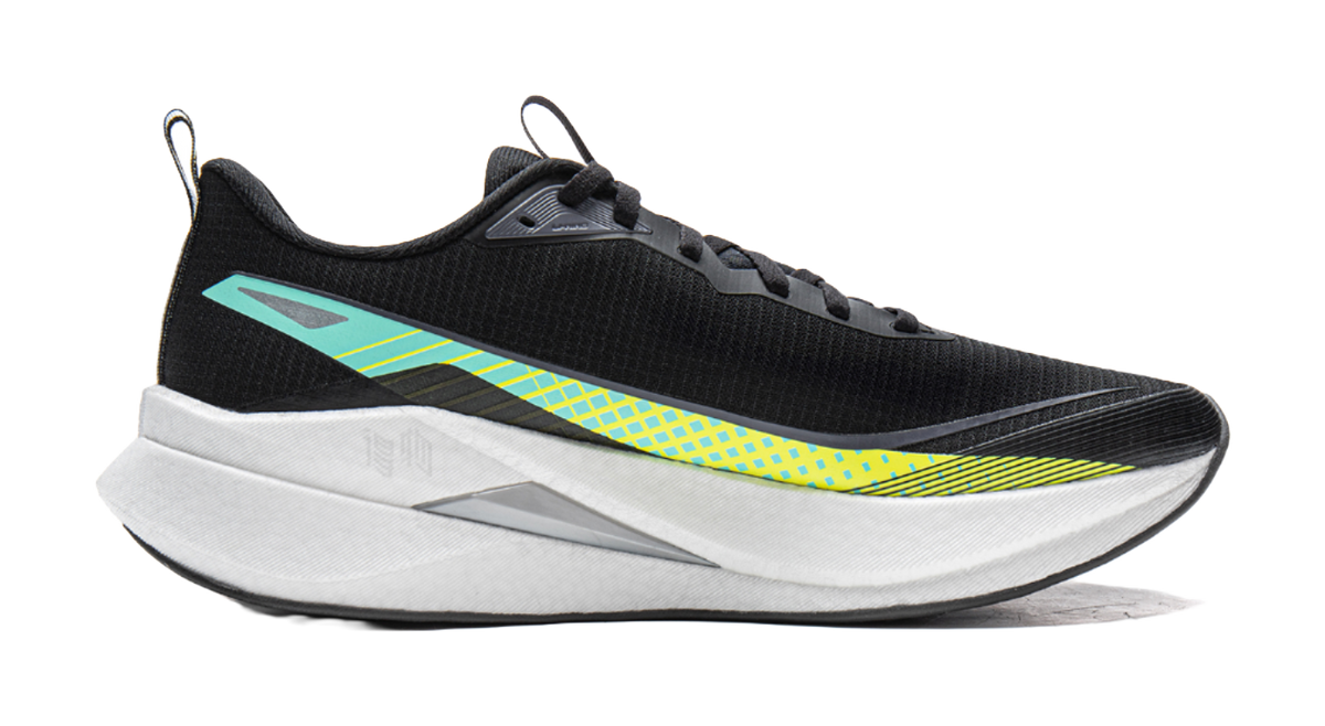 Unisex running shoe, black upper with teal logo, yellow line detail, white cushioned sole