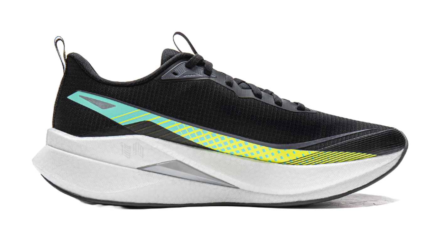 Unisex running shoe, black upper with teal logo, yellow line detail, white cushioned sole