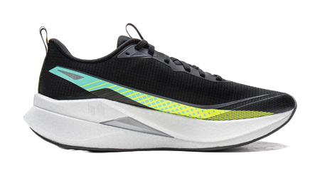 Unisex running shoe, black upper with teal logo, yellow line detail, white cushioned sole
