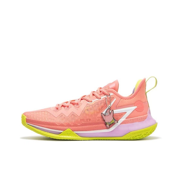 Left side view of 361° Big 3 Future Basketball Shoes Men Low-Top Starfish Pink/Purple Hydrangea