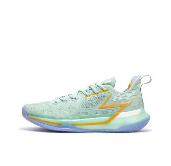 Left side view of 361° Big 3 Future Basketball Shoes Men Low-Top Bleached Light Green/Iris