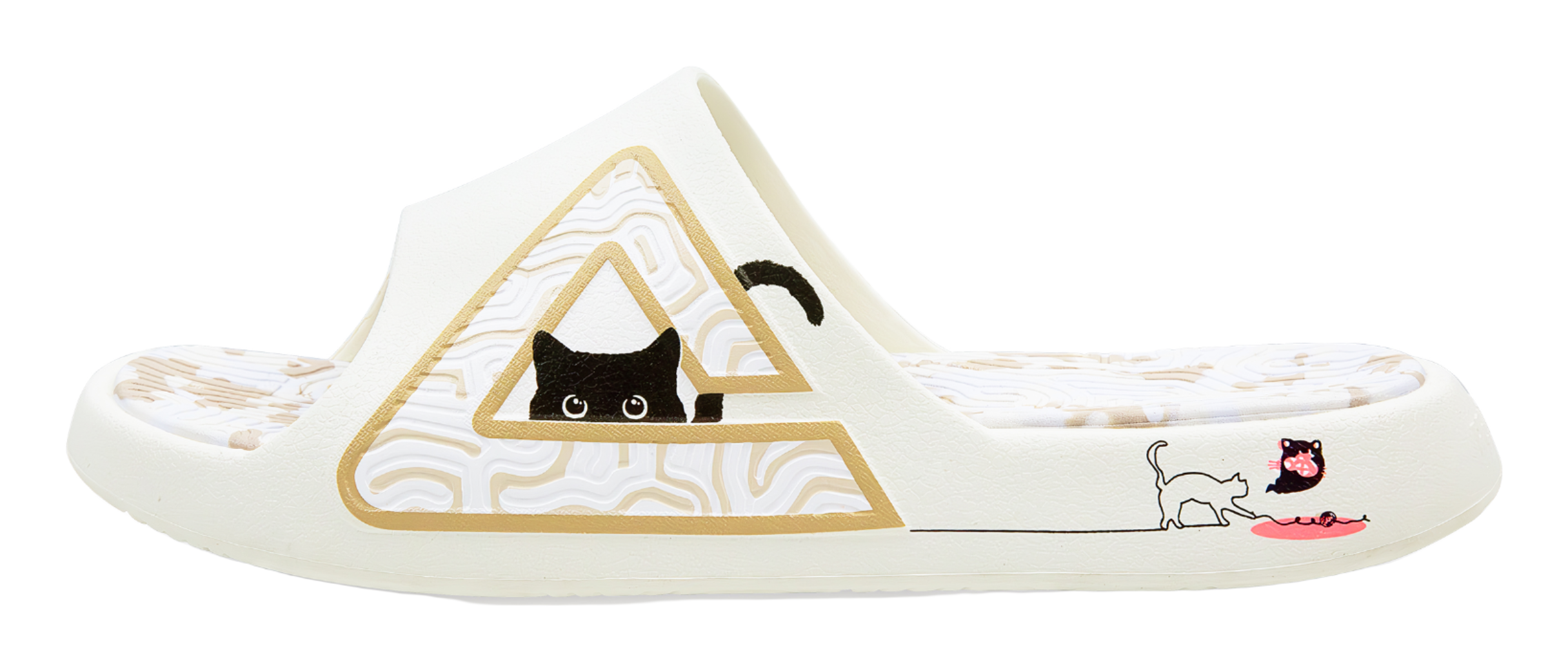 Ivory slide sandal with triangular fortune-cat graphic and patterned footbed