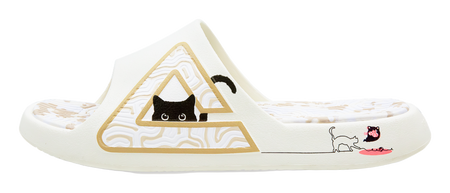 Ivory slide sandal with triangular fortune-cat graphic and patterned footbed