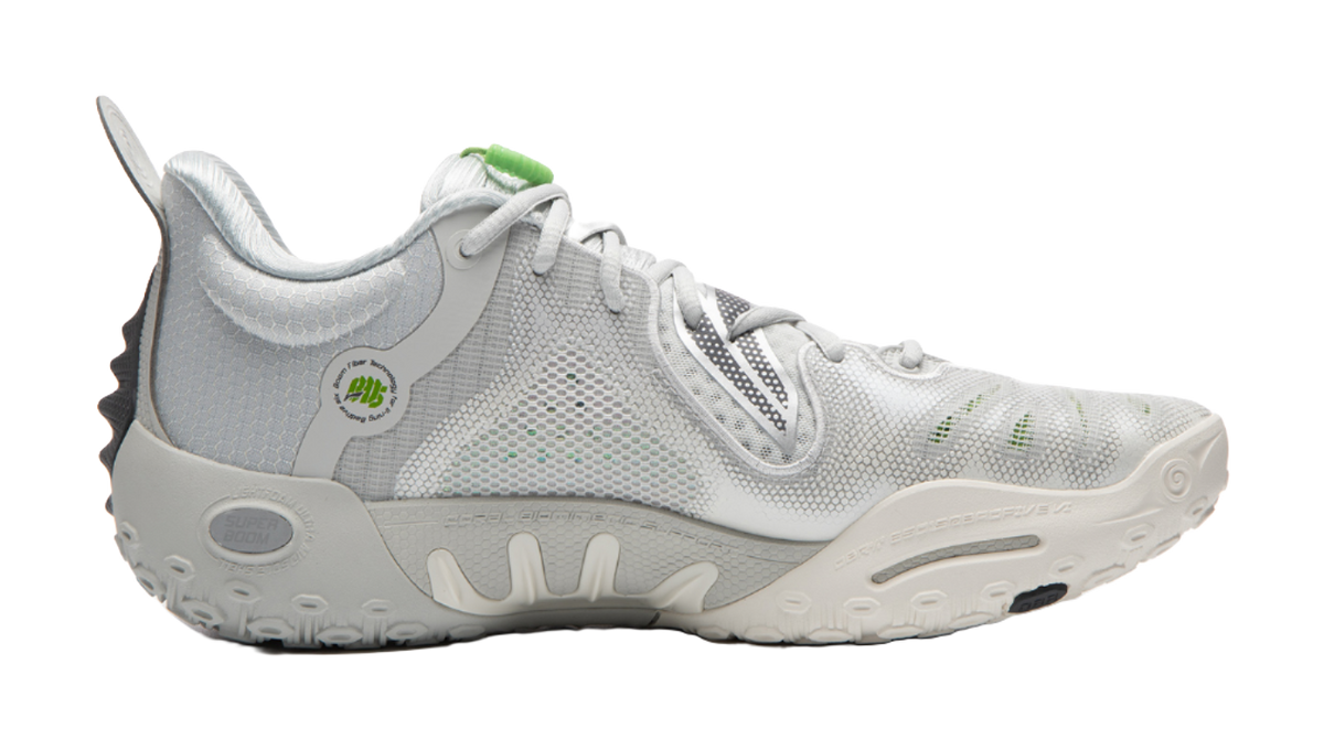 Unisex basketball shoe, white and light gray mesh upper with green logo on heel
