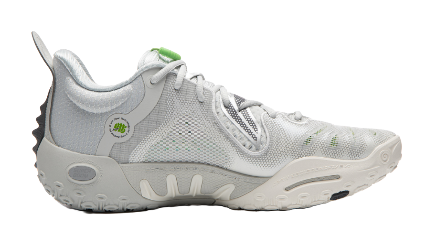 Unisex basketball shoe, white and light gray mesh upper with green logo on heel