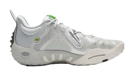 Unisex basketball shoe, white and light gray mesh upper with green logo on heel