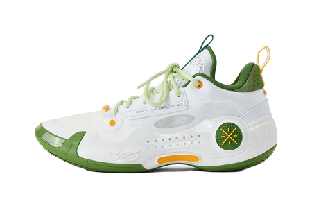 White and green low-top basketball shoes with neon laces and orange pull tabs.