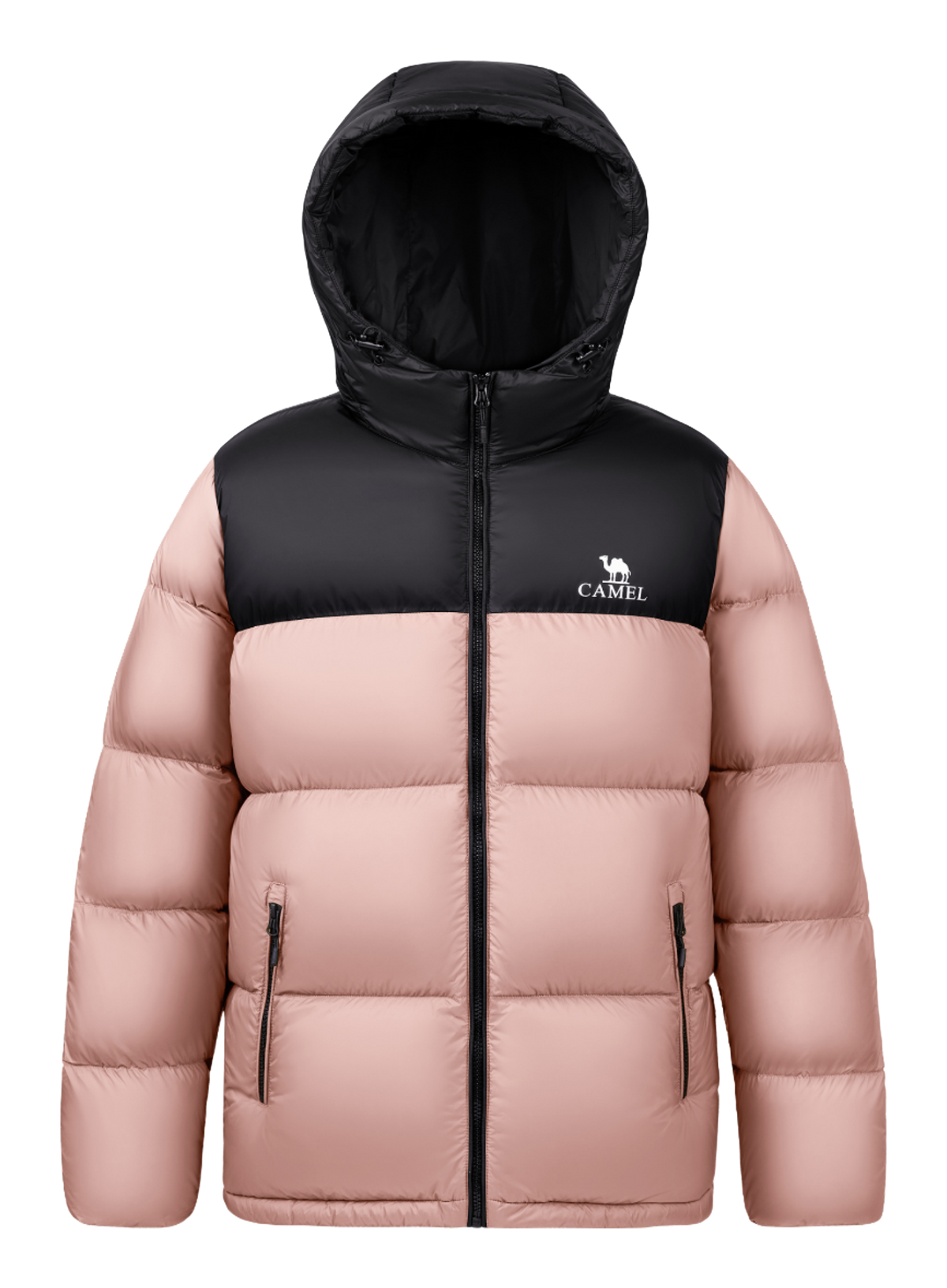Unisex hooded down jacket in blush pink and black color-block with full-zip front.
