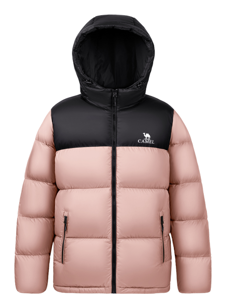 Unisex hooded down jacket in blush pink and black color-block with full-zip front.
