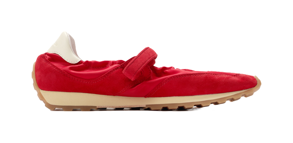 Women's red Mary Jane sneakers with side strap detail and tan rubber sole